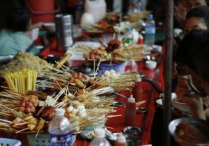 Things on Sticks. Streetside satay bar in Yangon, Burma.