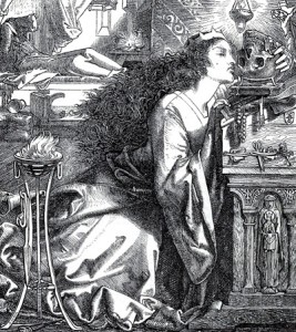 Rosamund Queen of the Lombards, woodcut by F. Sandys (1866)